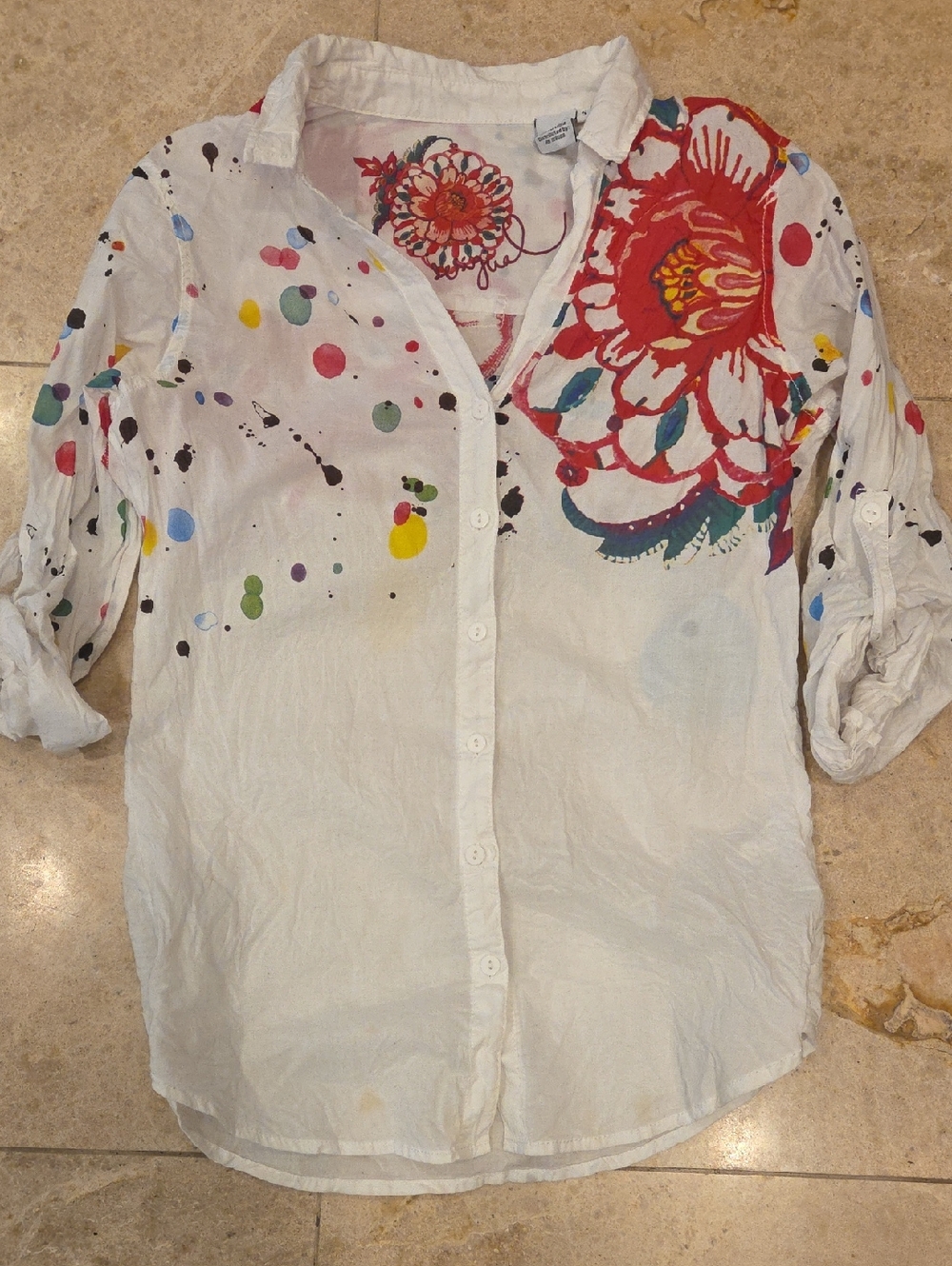 Desigual White Button-Up Shirt with Colorful Floral and Paint-Splash Print
